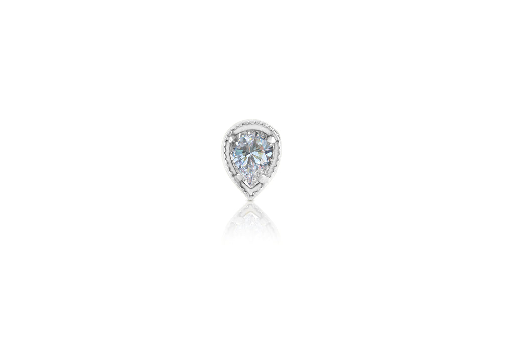 White Crystal Engraved Teardrop Titanium Stud